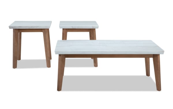 Elm Natural & Marble Coffee & 2 End Table Set from Elm Occasional collection, featuring transitional style with white marble tops and natural wood MDF legs.
