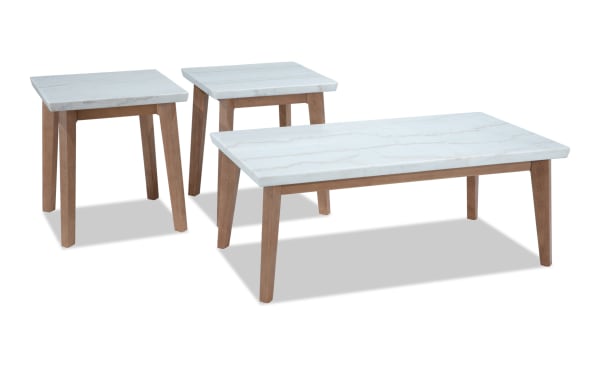 Elm Natural & Marble Coffee & 2 End Table Set from Elm Occasional collection, featuring transitional style with white marble tops and natural wood legs.