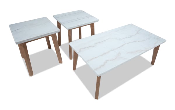 Elm Natural & Marble Coffee & 2 End Table Set from Elm Occasional collection, featuring transitional style with white marble tops and natural wood legs