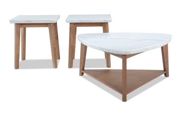 Elm Natural & Marble Triangle Coffee & 2 End Table Set from Elm Occasional collection, featuring sleek white marble tops and natural wood MDF frames in a transitional style.