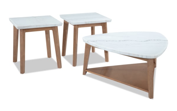 Elm Natural & Marble Triangle Coffee & 2 End Table Set from Elm Occasional collection, featuring transitional style with white marble tops and natural wood MDF frames.