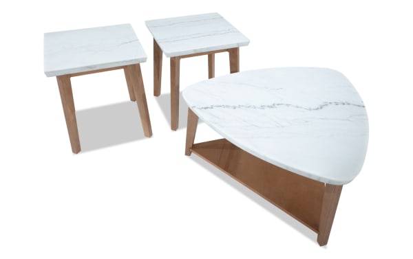 Elm Natural & Marble Triangle Coffee & 2 End Table Set from Elm Occasional collection, featuring white marble tops and natural wood MDF legs in a transitional style.