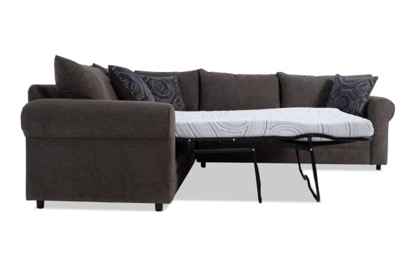 Juno Chocolate 114" 3-piece left arm facing sleeper sectional in brown polyester fabric with transitional style, featuring a pull-out cooling gel memory foam mattress and patterned accent pillows.