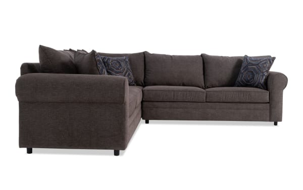 Juno Chocolate 114" 3-piece left-arm facing sleeper sectional in brown polyester fabric with transitional style, includes cooling gel memory foam mattress and patterned accent pillows.