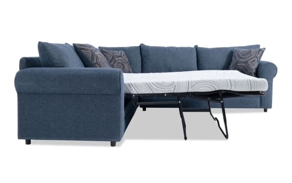 Juno Denim 114'' 3 Piece Left Arm Facing Sleeper Sectional in blue polyester fabric with transitional style, featuring a pull-out cooling gel memory foam mattress.