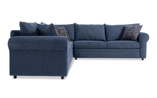 Juno Denim 114" 3-piece left arm facing sleeper sectional in blue polyester fabric with transitional style and cooling Bob-O-Pedic memory foam mattress.