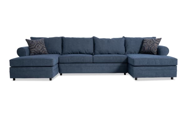 Juno Denim 142'' 3 Piece Dual Chaise Sectional in blue polyester fabric with transitional style, featuring memory foam cushions and geometric accent pillows.