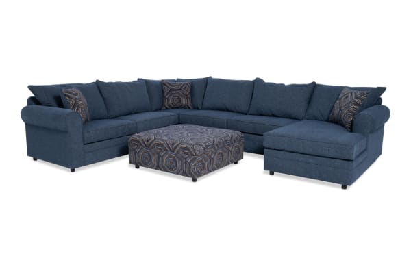 Juno Denim 142'' 4-piece transitional sectional with right arm chaise, blue polyester fabric, memory foam cushions, patterned ottoman, and accent pillows.