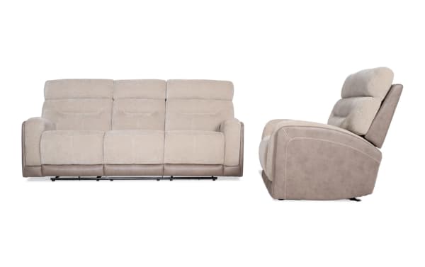 Phantom Beige 86'' power reclining sofa and recliner set in beige polyester fabric, transitional style with plush cushions, USB and USB-C ports, and memory foam seating.