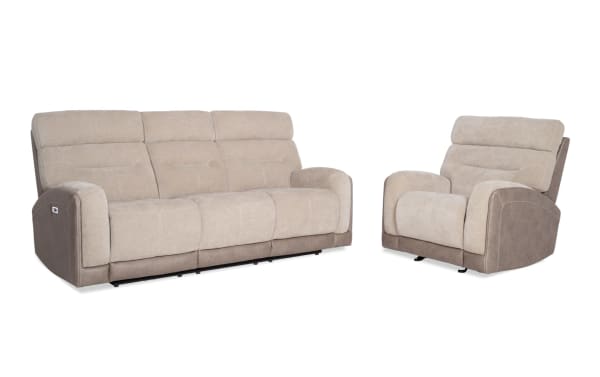 Beige Phantom 86'' power reclining sofa and recliner set with plush polyester fabric, transitional style, USB and USB-C charging ports, and memory foam cushions.