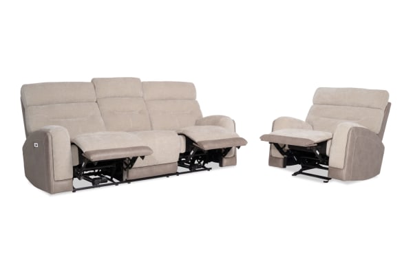 Phantom Beige 86'' power reclining sofa and recliner set in plush beige polyester fabric, transitional style with USB and USB-C ports, featuring memory foam cushions.