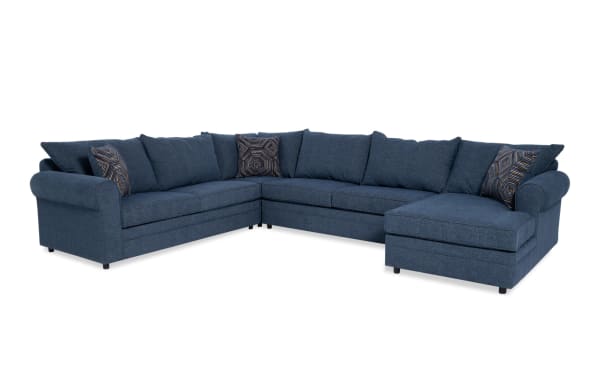 Juno Denim 142" 4-piece right arm facing chaise sectional in blue polyester fabric with transitional style, memory foam cushions, and patterned accent pillows.