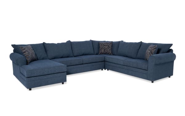 Juno Denim 142" 4-piece left arm facing chaise sectional in blue polyester fabric with transitional style, memory foam cushions, and patterned accent pillows.