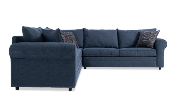 Juno Denim 114'' 3 Piece Sectional in blue polyester fabric with transitional style, memory foam cushions, and patterned accent pillows.