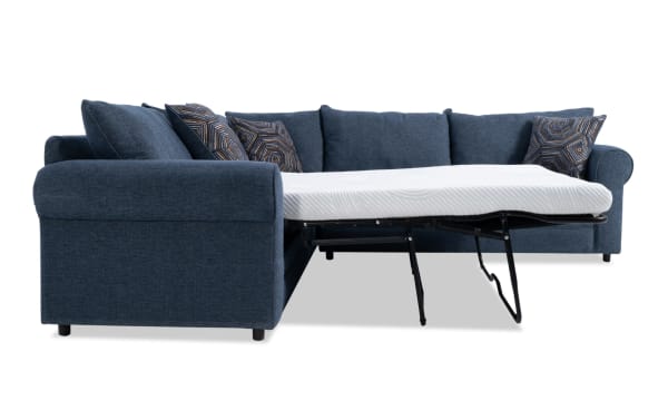 Juno Denim 114" 3 Piece Left Arm Facing Sleeper Sectional in blue polyester fabric with transitional style, featuring a full-size pull-out gel memory foam mattress and patterned accent pillows.