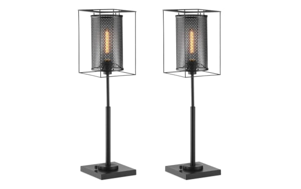 Set of 2 Luxe Black Table Lamps with rustic industrial style, metal geometric cage shades, rotary switches, and USB/USB-C charging ports for bedside use.