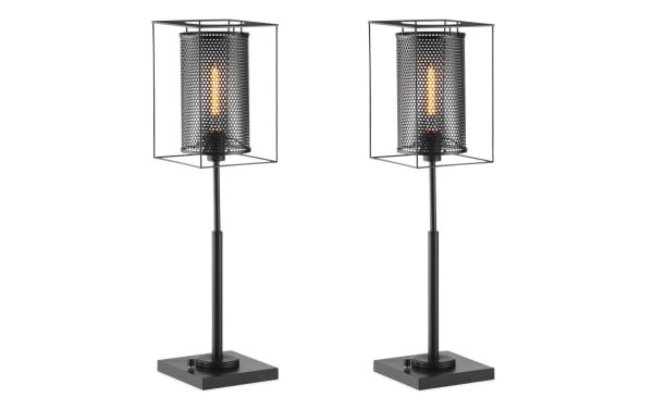 Set of 2 Luxe Black Table Lamps with rustic industrial style, metal geometric frames, rotary switch, and USB/USB-C charging ports for bedside use.
