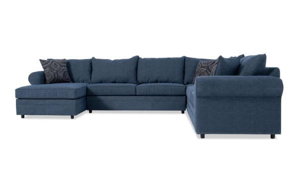 Juno Denim 142" 4-piece left arm facing sleeper chaise sectional in blue polyester fabric with transitional style and cooling Bob-O-Pedic memory foam mattress.