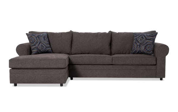 Juno Chocolate 114'' 2 Piece Left Arm Facing Chaise Sectional in brown polyester fabric with transitional style, plush cushions, and patterned accent pillows.