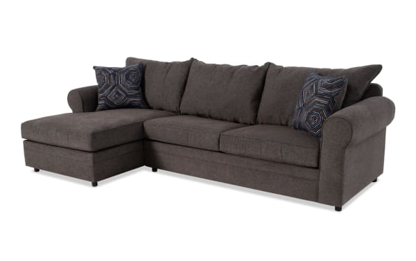 Juno Chocolate 114'' 2 Piece Left Arm Facing Chaise Sectional in brown polyester fabric with plush cushions, transitional style, and patterned accent pillows.