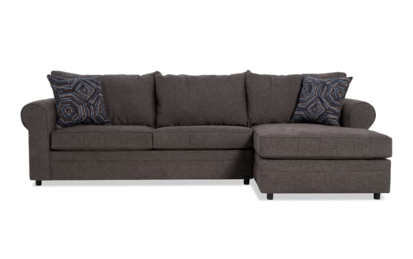 Juno Chocolate 114'' 2 Piece Right Arm Facing Chaise Sectional in brown polyester fabric, transitional style with plush cushions and patterned accent pillows.