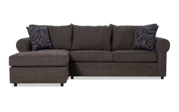 Juno Chocolate 114'' 2 Piece Left Arm Facing Sleeper Chaise Sectional in brown polyester fabric with transitional style, gel memory foam mattress, and patterned accent pillows.