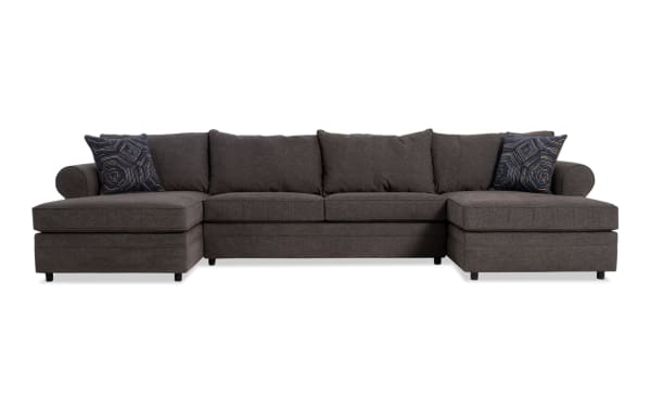 Juno Chocolate 142'' 3 Piece Dual Chaise Sectional in brown polyester fabric with transitional style, featuring two dual chaise ends and included patterned accent pillows.