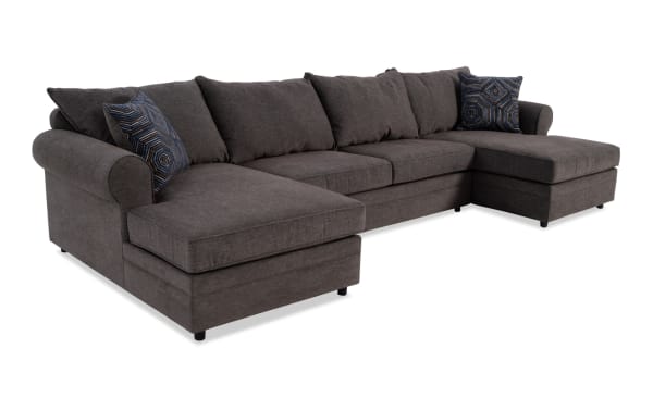 Juno Chocolate 142'' 3 Piece Dual Chaise Sectional in brown polyester fabric with transitional style, memory foam cushions, and patterned accent pillows.