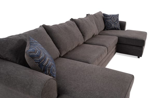 Juno Chocolate 142'' 3 Piece Dual Chaise Sectional in brown polyester fabric with transitional style, memory foam cushions, and patterned accent pillows.