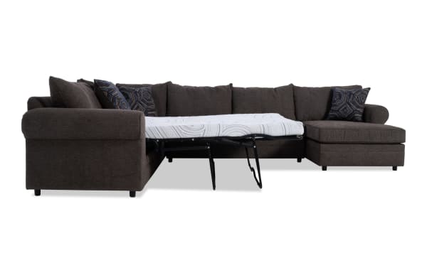 Juno Chocolate 142'' 4 Piece Right Arm Facing Sleeper Chaise Sectional in brown polyester fabric with transitional style, featuring a pull-out cooling gel memory foam mattress and patterned accent pillows.