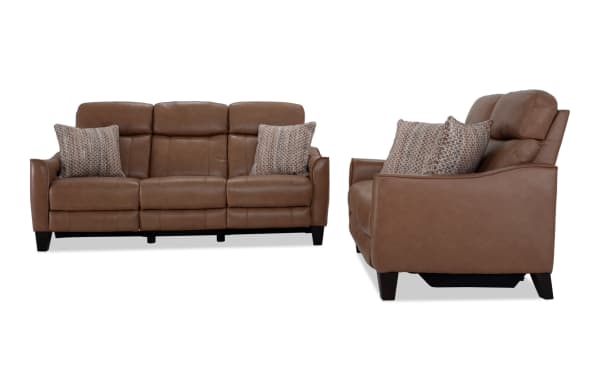Empire Cognac Leather 82" power reclining sofa and 59" loveseat set in transitional style, brown leather upholstery with power headrests and accent pillows.
