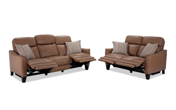 Empire Cognac Leather 82'' power reclining sofa and 59'' loveseat with power headrest, brown leather upholstery, transitional style, includes accent pillows and memory foam cushions.
