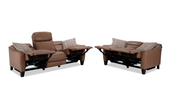 Empire Cognac Leather 82" power reclining sofa and 59" loveseat set in transitional style, brown leather upholstery with power headrest and accent pillows.