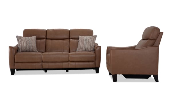 Empire Cognac Leather 82'' Power Reclining Sofa with power headrest, brown leather upholstery, transitional style, includes accent pillows and memory foam cushions.