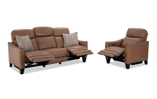 Empire Cognac Leather 82" power reclining sofa and recliner set in brown transitional style with leather upholstery, power headrests, and accent pillows.