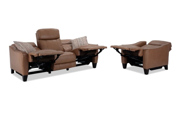 Empire Cognac Leather 82'' Power Reclining Sofa and Recliner set in brown leather with power headrest, memory foam, and transitional style.