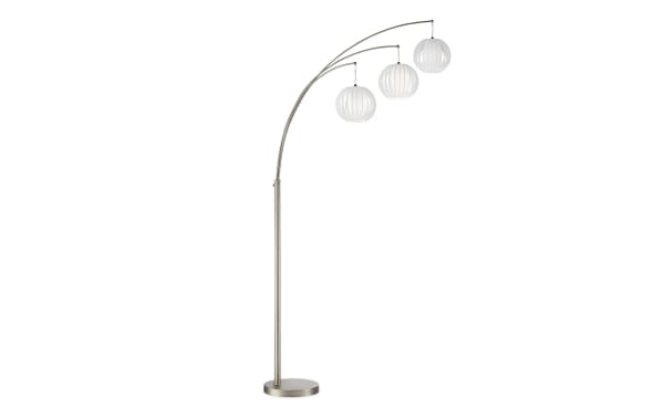 Gemma 91'' White Arc Floor Lamp with three white lantern-style vinyl shades, nickel finish, contemporary design for ambient mood lighting.