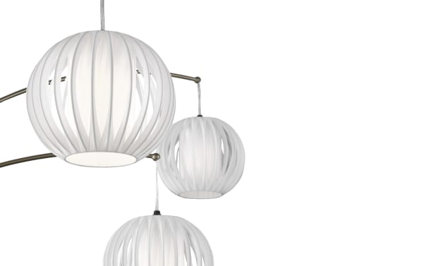 Contemporary Gemma 91'' White Arc Floor Lamp with three white vinyl lantern-style shades and nickel finish arc, ideal for ambient mood lighting.