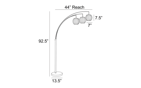 Gemma 91" White Arc Floor Lamp with 44" reach, 92.5" height, and 7.5" vinyl lantern-style shades in contemporary nickel and white finish.