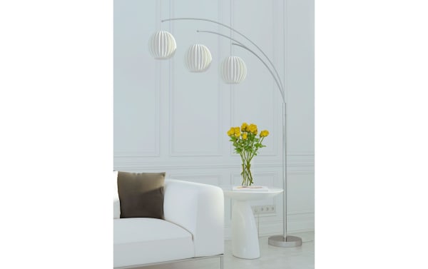 Contemporary Gemma 91'' White Arc Floor Lamp with three white lantern-style vinyl shades, nickel frame, perfect for mood lighting in living rooms.
