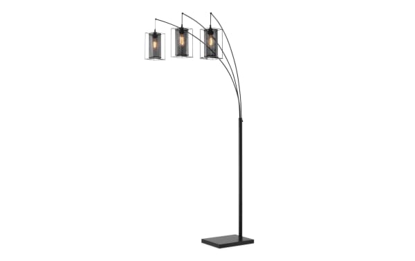 Luxe 89'' Black Arc Floor Lamp with three perforated metal cylindrical shades, rustic industrial style, black finish, USB and USB-C charging ports, rotary switch for soft ambient lighting.