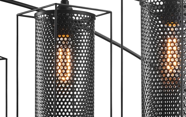 Luxe 89'' Black Arc Floor Lamp with rustic industrial style, black perforated metal cylindrical shade, and visible filament bulb.