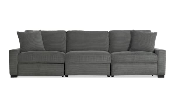 Aspen Charcoal 127'' power reclining sofa in gray polyester fabric, transitional style with plush cushions, memory foam, USB and USB-C ports.