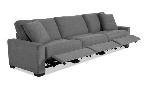 Aspen Charcoal 127'' Power Reclining Sofa in gray polyester fabric with USB/USB-C ports, transitional style, plush cushions, and memory foam seating.