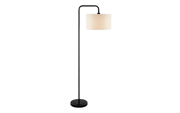 Pasadena 62.5'' black floor lamp with minimalist transitional design, metal base, and white polyester fabric drum shade for office or living room.