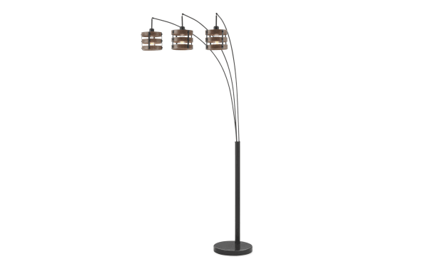 Reagan 88'' black metal and brown wood arc floor lamp with three rustic lantern-style lights, ideal for living rooms or reading nooks.