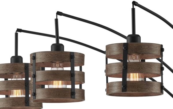 Rustic Reagan 88'' Black & Brown Arc Floor Lamp with three wood and metal lantern-style shades, warm vintage bulb glow, modern country charm.