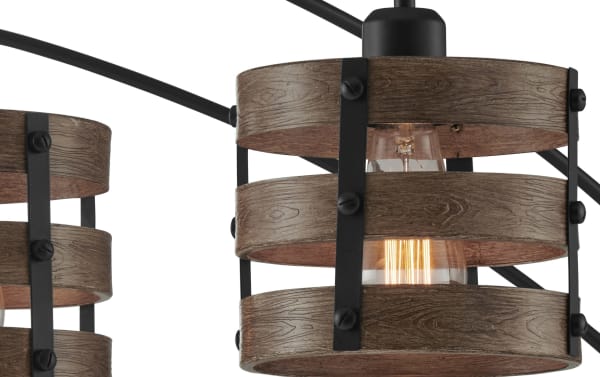 Rustic Reagan 88'' arc floor lamp with black metal frame and brown wood ring shades, featuring three lantern-style lights for warm ambient glow.