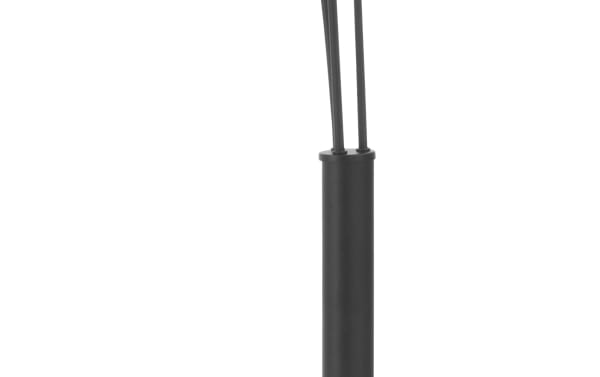 Reagan 88'' black and brown arc floor lamp with rustic metal base and wooden accents, featuring three lantern-style lights for warm ambient lighting.