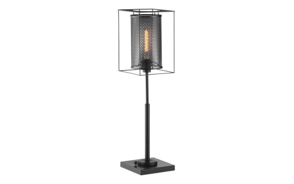 Luxe Black Table Lamp with rustic industrial metal design, geometric cage shade, rotary switch, and USB/USB-C charging ports for bedside use.